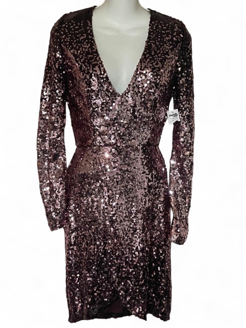 Charlotte Russe Rose Gold Sequin Deep V Neck Bodycon Long Sleeve Dress Size S